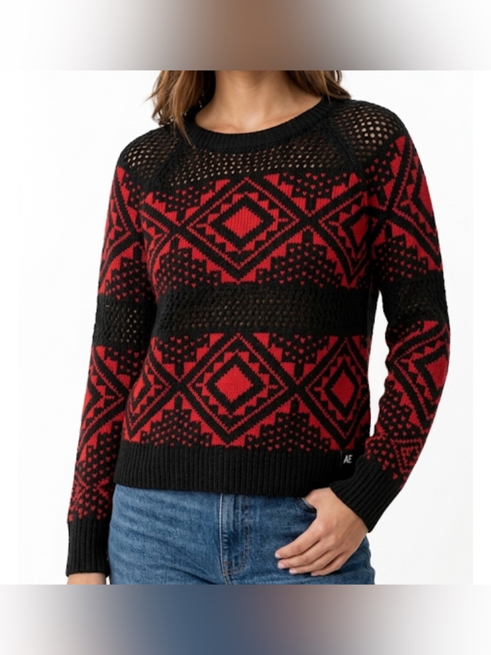 American Eagle Outfitters Black and Red Patterned Sweater